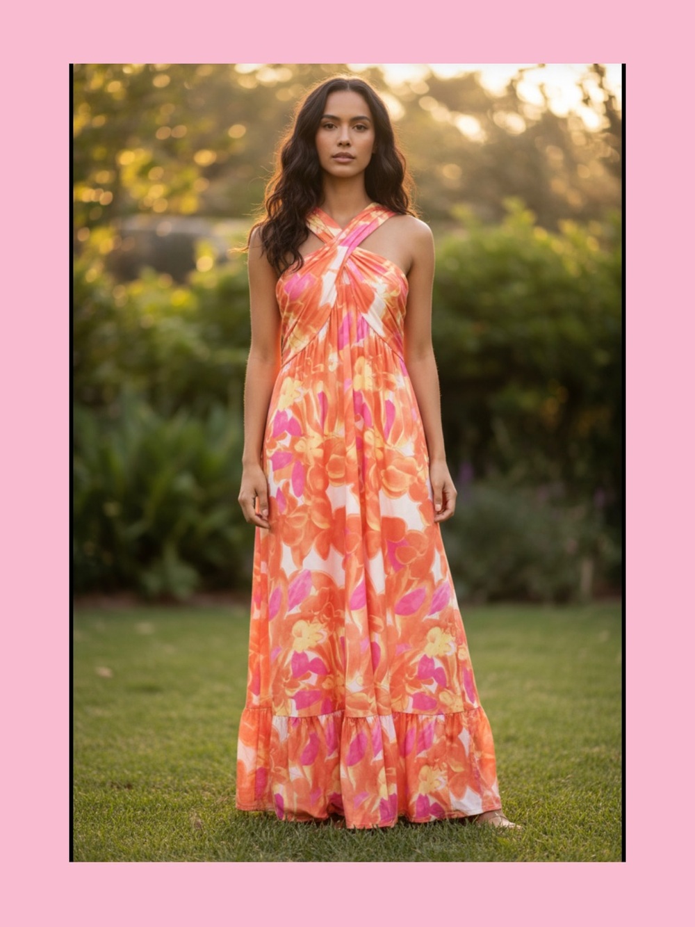Grace Karin Twist-Front Floral Maxi Dress in Orange & Pink
